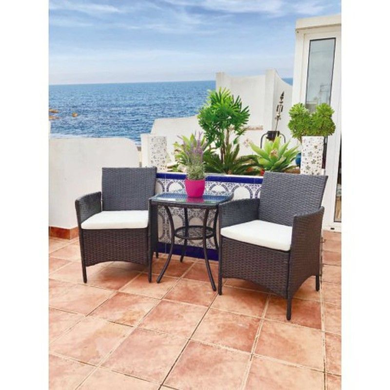 Set mesa + 2 sillones rattan/acero