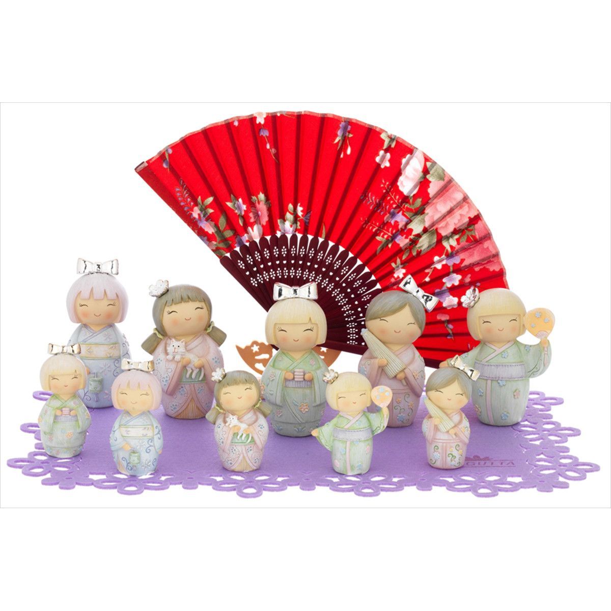 Set Perfumador Muñeca Kokeshi Cerámica 8.5/12.5cm AK2111 Abanico/Gato/Lampara/Paraguas/Vaso