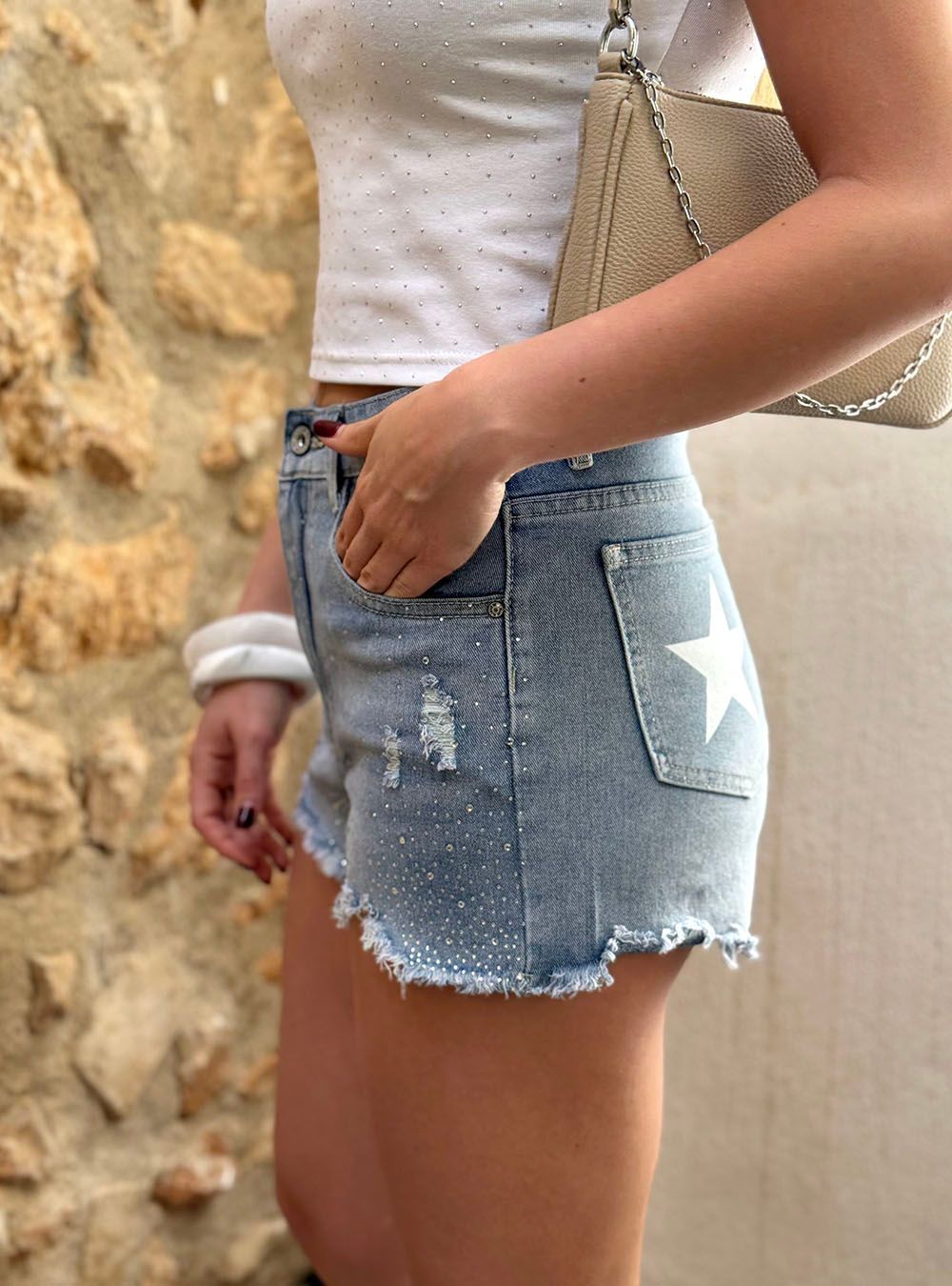 Short tejano brillantes azul delavado