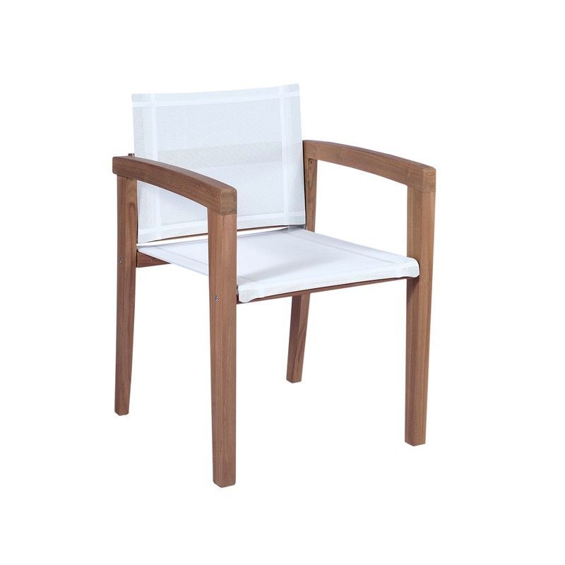 Silla de jardín con brazos de madera de teca y Batyline en natural y blanco, 55 x 57 x 78 cm | Candon