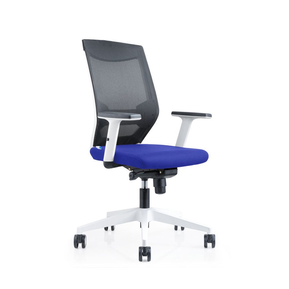 Silla Oficina Blanca Con Regulacion Lumbar Respaldo Malla Negra / Asiento Tapizado Azul