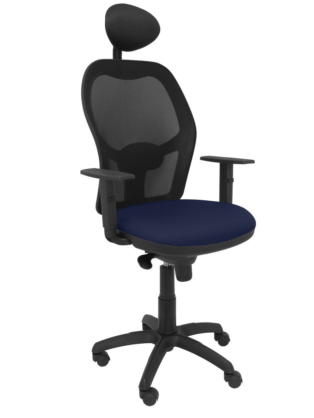 Silla Operativa de oficina Jorquera malla negra asiento bali azul marino con cabecero fijo