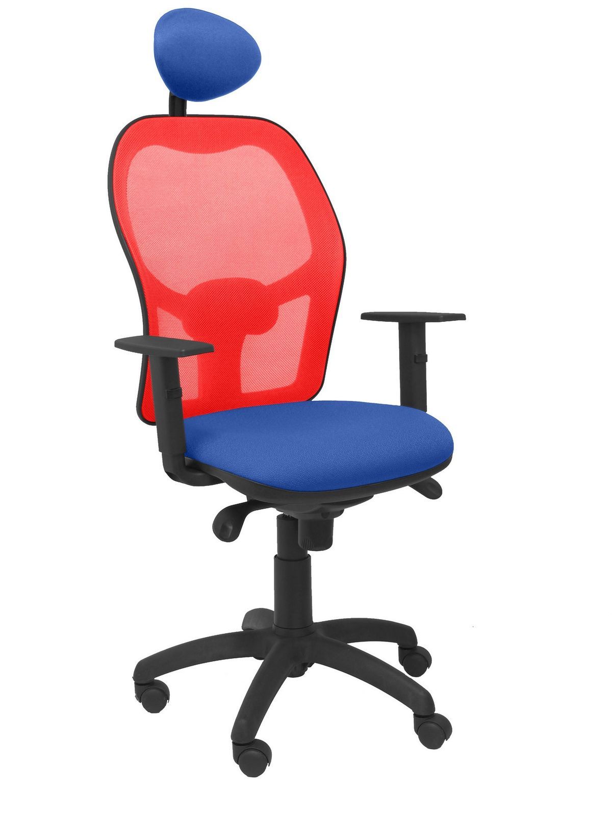 Silla Operativa de oficina Jorquera malla roja asiento bali azul con cabecero fijo