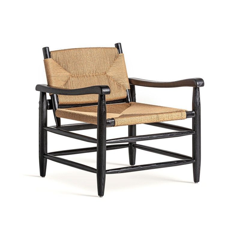 Sillón de madera de caucho y cuerda en negro y natural, 66 x 74 x 73 cm | Dalvik