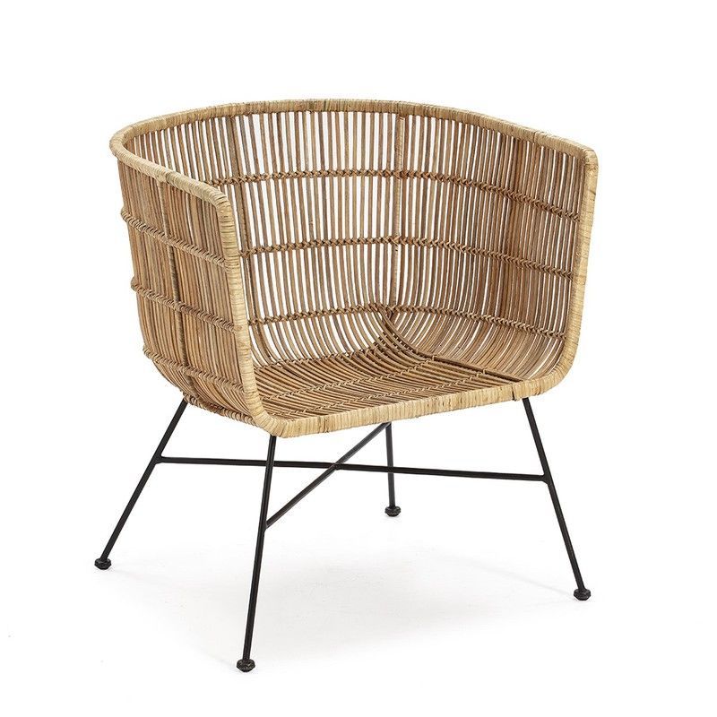 Sillón de Metal Negro y Mimbre, 70x64x70 cm