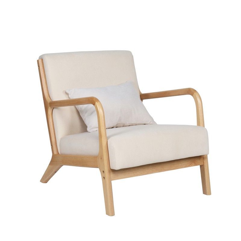 Sillón de microfibra y madera crema/natural, 65 x 83 x 72 cm | Tokio