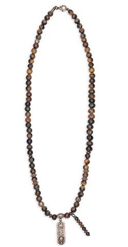 SN049X Collar Plata de Palo Calavera Cúrcuma "live life" de Ojo de Tigre, Bronce y Plata de ley 925