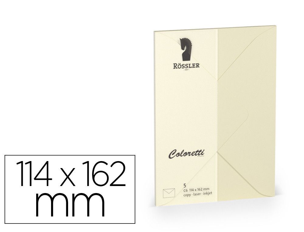 Sobre rossler coloretti c6 ministro color crema 114x162 mm pack de 5 unidades