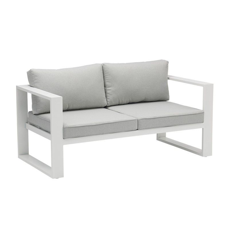 Sofá 2 plazas de exterior de aluminio y tejido en blanco y gris claro, 160 x 80 x 83 cm | Nyland