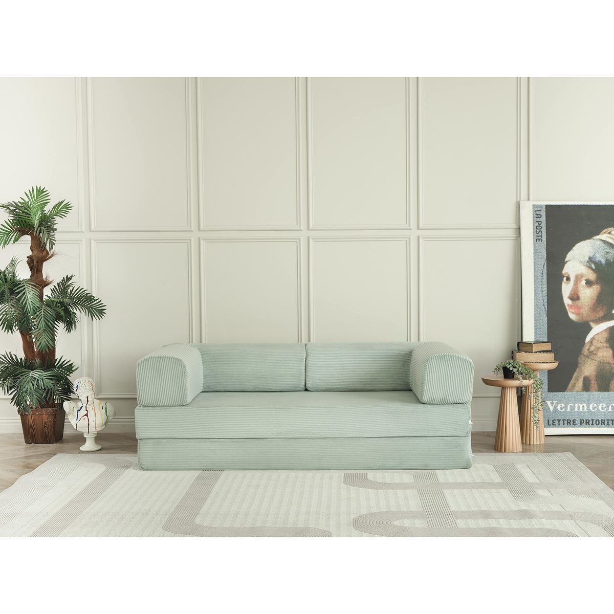 Sofa de 3 plazas covertible en cama de tejido en aguamarina, 200 x 90 x 70 cm | Agnes