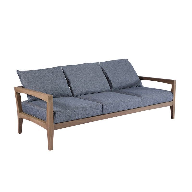 Sofá de 3 plazas para exterior de madera de teca y tejido en miel y gris oscuro, 237 x 89 x 88 cm | Roxas