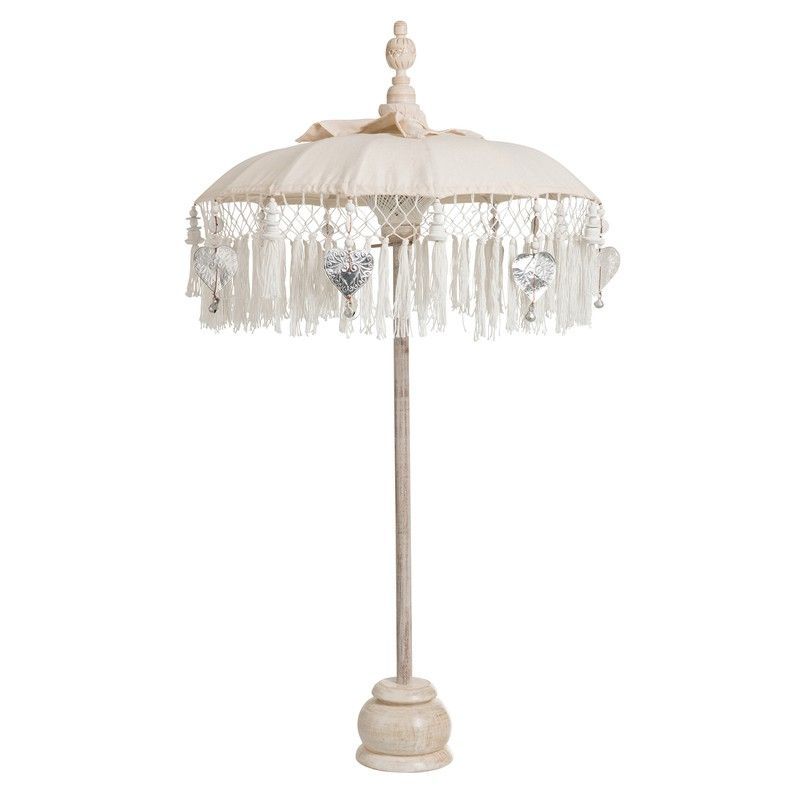 Sombrilla con Base y Borlas S de Madera y Algodón Crema, Ø50x90,5 cm