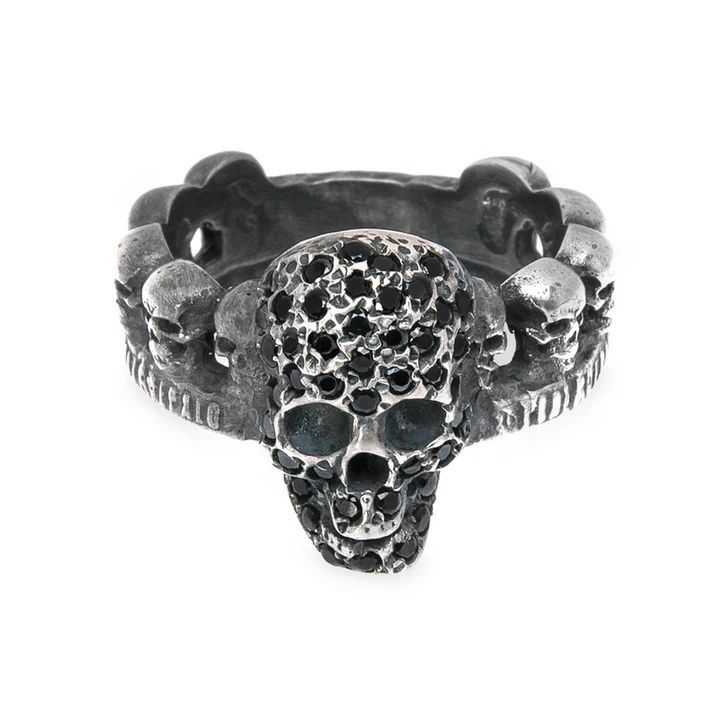SR028X Anillo PLATA DE PALO unisex modelo Mugen con calaveras de plata y circonitas negras
