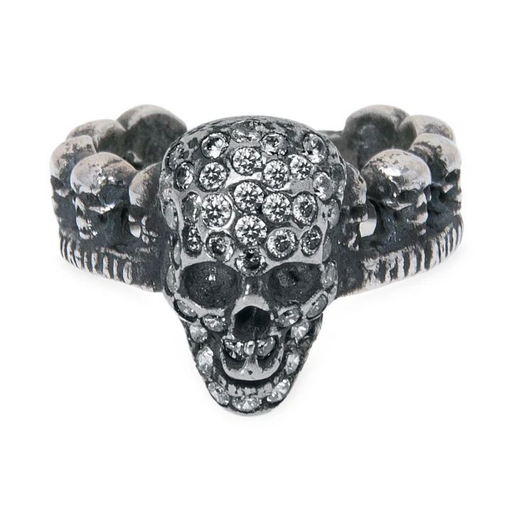 SR029X Anillo Plata de Palo unisex con calaveras de plata y circonitas blancas
