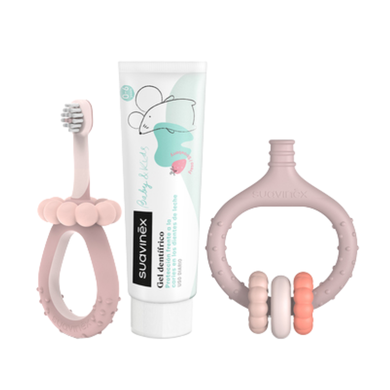 Suavinex Set Bucal Bebé Rosa – Higiene Bucal con Cepillo, Masajeador y Gel