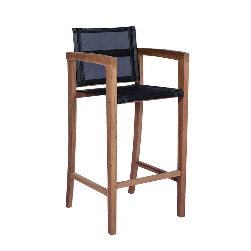 Taburete alto de jardín de madera de teca y Batyline en natural y negro, 55 x 57 x 112 cm | Candon