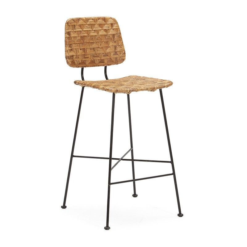 Taburete de Metal Negro y Mimbre, 41x55x98 cm