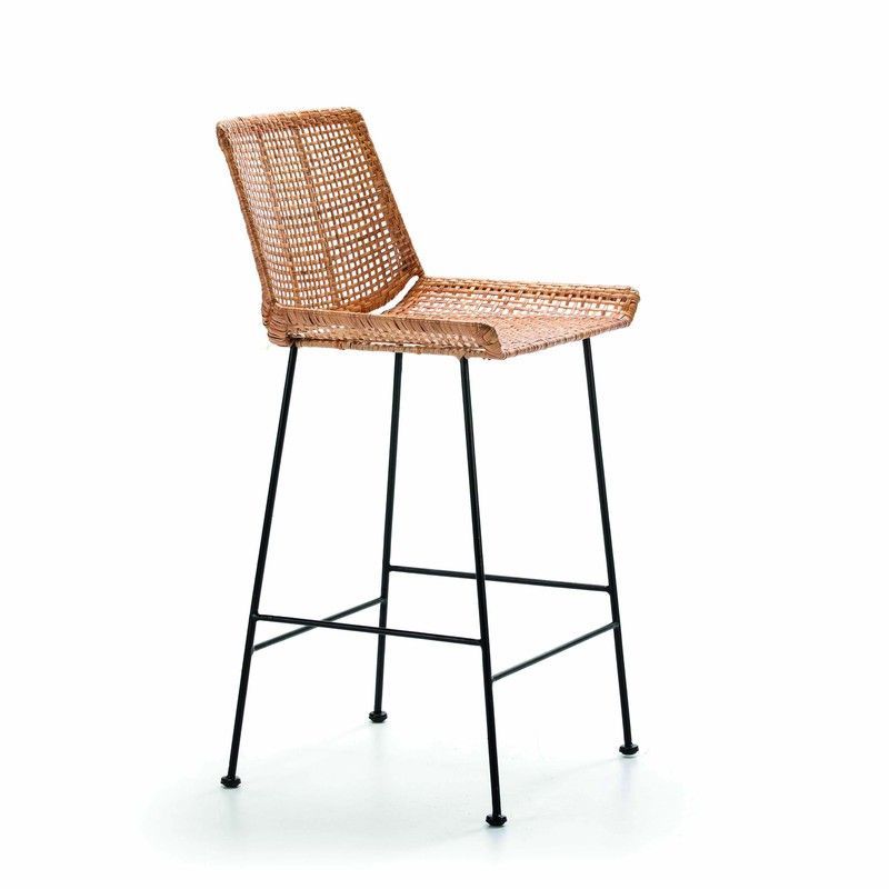 Taburete de metal negro y mimbre, 50x49x97 cm