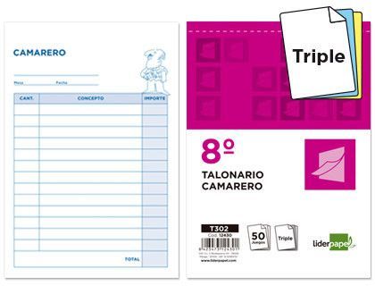 Talonario Liderpapel Camarero 8º Original y 2 Copias T302