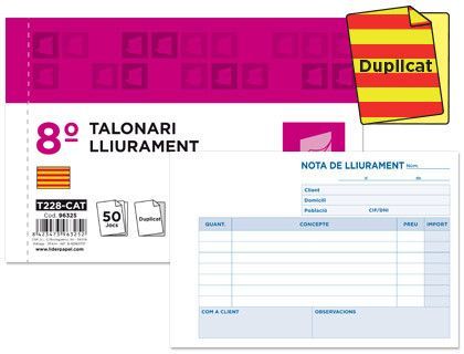 Talonario Liderpapel Entregas 8º Original y Copia T228 Apaisado Texto en Catalan