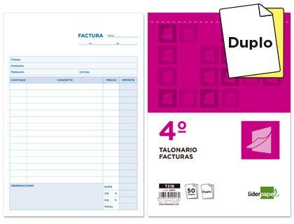 Talonario Liderpapel Facturas Cuarto Original y Copia T216 con I.V.A.
