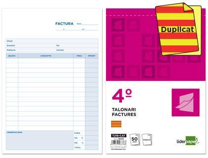 Talonario Liderpapel Facturas Cuarto Original y Copia T216 con I.V.A. Texto en Catalan