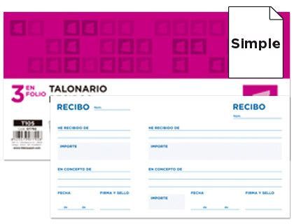 Talonario Liderpapel Recibos Tres en Folio Apaisado.Con matriz. Original