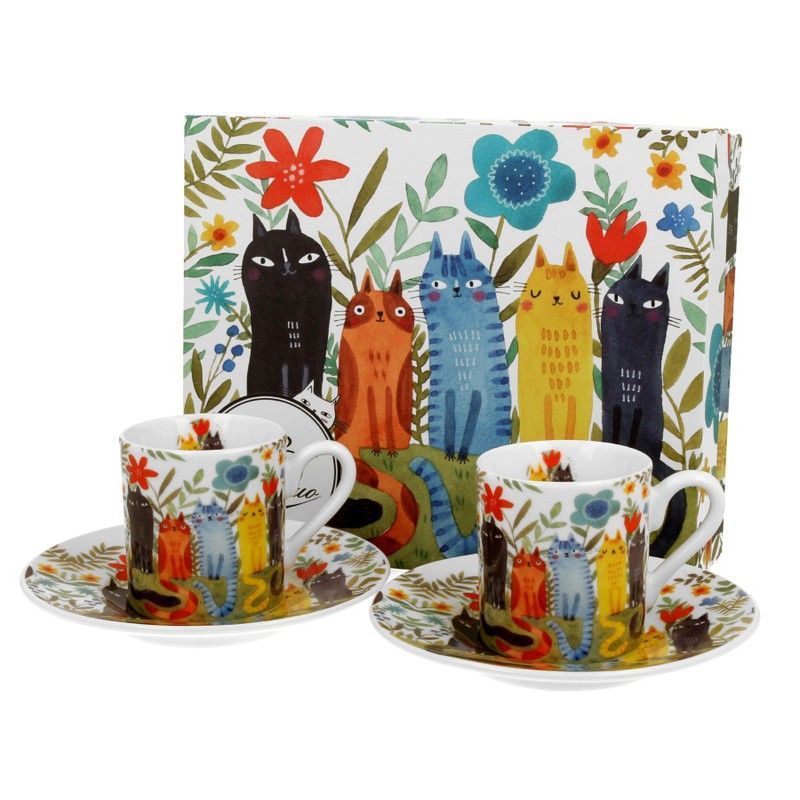 Taza Cafe C/Plato J Gatos Garden Porcelana para Té e Infusion