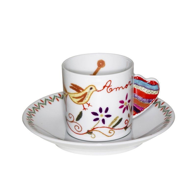 Taza de café con plato Amor de porcelana en multicolor, 11,6 x 11,6 x 5,5 cm | Vila Verde