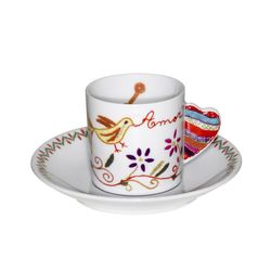 Taza de café con plato Amor de porcelana en multicolor, 11,6 x 11,6 x 5,5 cm | Vila Verde