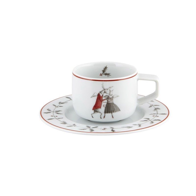Taza de café con plato Danza de porcelana en blanco, rojo y negro, 12,6 x 12,6 x 4,8 cm | Nöel