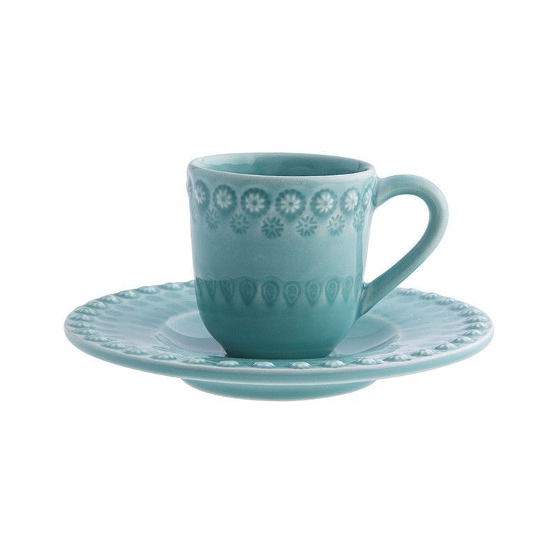 Taza de café con plato de loza en turquesa, 14 x 14 x 9 cm | Fantasía