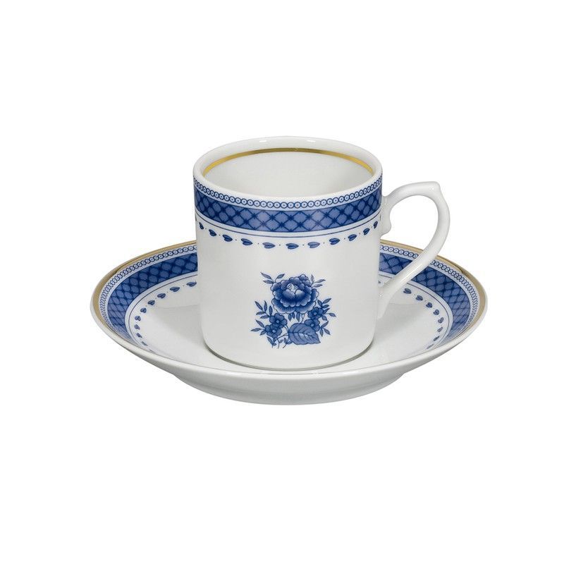 Taza de café con plato de porcelana en blanco y azul, 11,6 x 11,6 x 5,4 cm | Cozinha Velha
