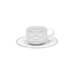 Taza de café con plato de porcelana en blanco y platino, 12,6 x 12,6 x 4,8 cm | Trasso