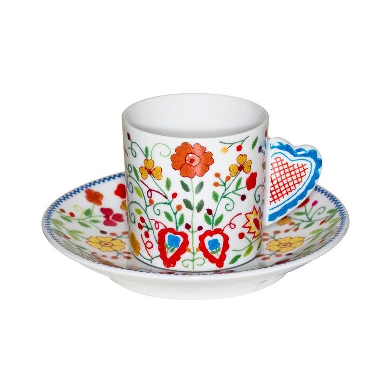 Taza de café con plato Flor de porcelana en multicolor, 11,6 x 11,6 x 5,5 cm | Vila Verde