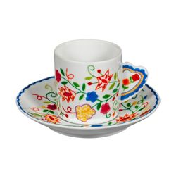 Taza de café con plato Flores de porcelana en multicolor, 11,6 x 11,6 x 5,5 cm | Vila Verde