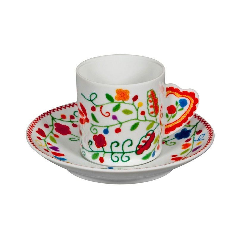 Taza de café con plato Flores y Hojas de porcelana en multicolor, 11,6 x 11,6 x 5,5 cm | Vila Verde