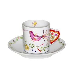 Taza de café con plato Pajarito de porcelana en multicolor, 11,6 x 11,6 x 5,5 cm | Utopía
