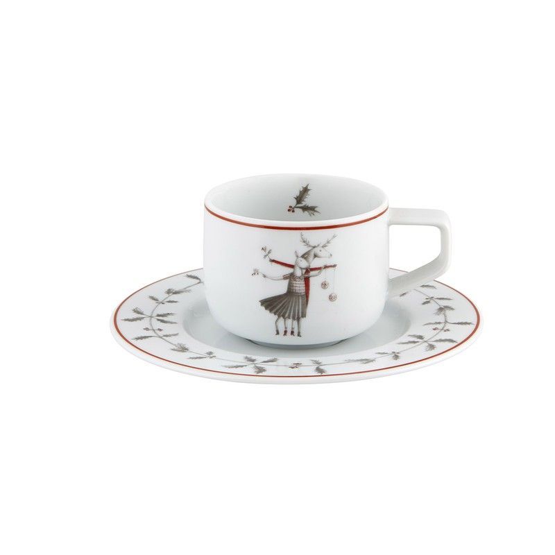 Taza de café con plato Volar de porcelana en blanco, rojo y negro, 12,6 x 12,6 x 4,8 cm | Nöel