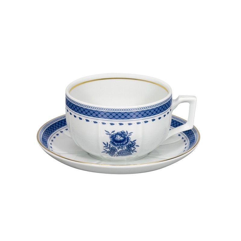 Taza de desayuno con plato de porcelana en blanco y azul, 15,8 x 15,8 x 6,5 cm | Cozinha Velha