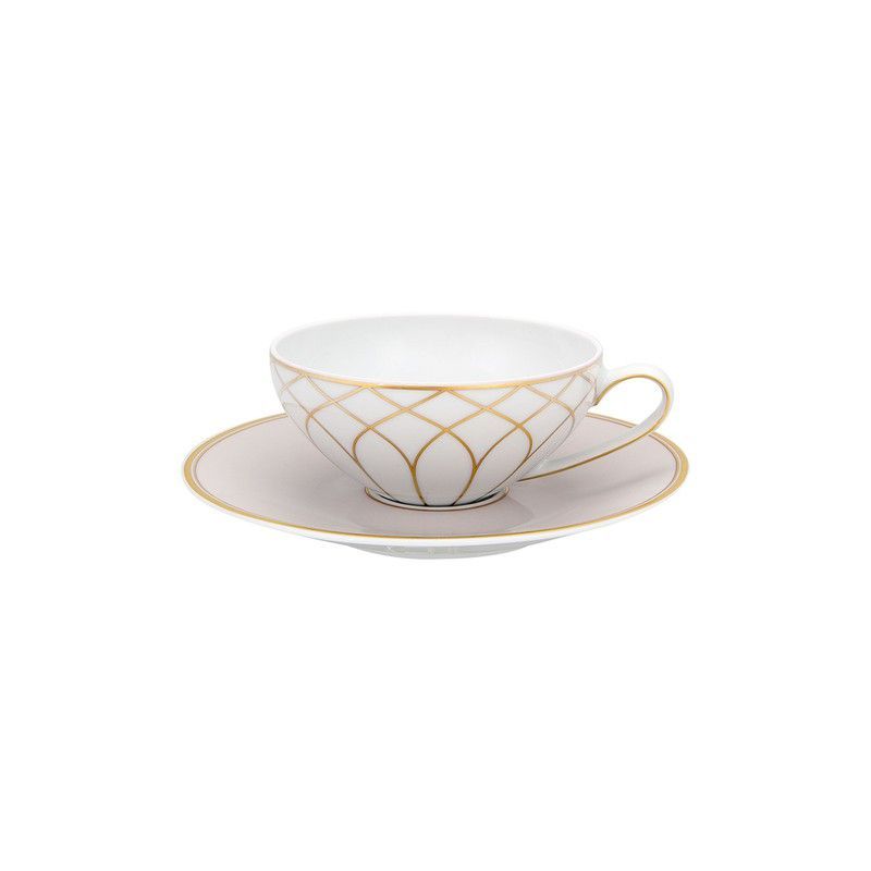 Taza de té con plato de porcelana en blanco, beige y oro, 16,5 x 16,5 x 5,1 cm | Terrace