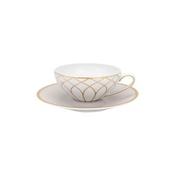 Taza de té con plato de porcelana en blanco, beige y oro, 16,5 x 16,5 x 5,1 cm | Terrace