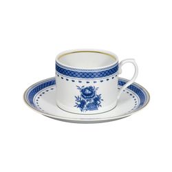 Taza de té con plato de porcelana en blanco y azul, 14,9 x 14,9 x 6,7 cm | Cozinha Velha