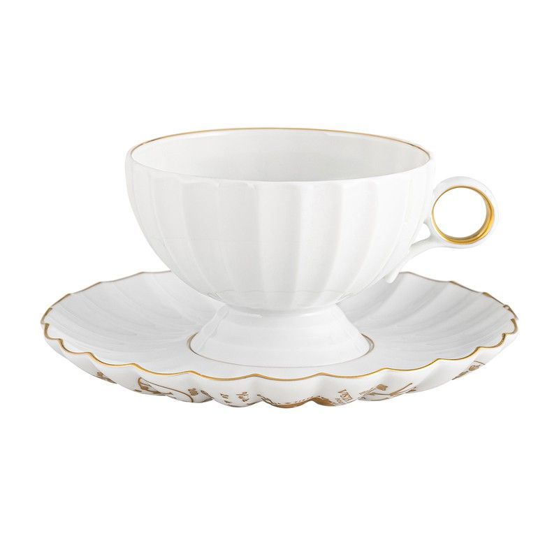 Taza de té con plato de porcelana en blanco y oro, 16,5 x 16,5 x 6,9 cm | 200 Años