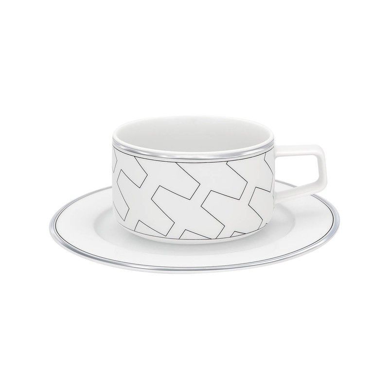 Taza de té con plato de porcelana en blanco y platino, 16,1 x 16,1 x 5,9 cm | Trasso