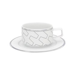 Taza de té con plato de porcelana en blanco y platino, 16,1 x 16,1 x 5,9 cm | Trasso