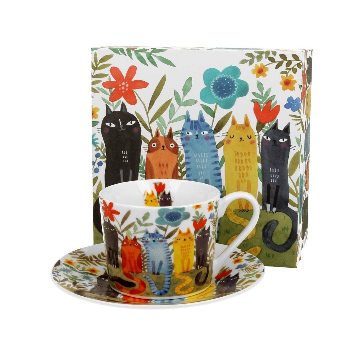 Taza Te Con Plato Gatos Garden Porcelana Caja Ideal Regalo