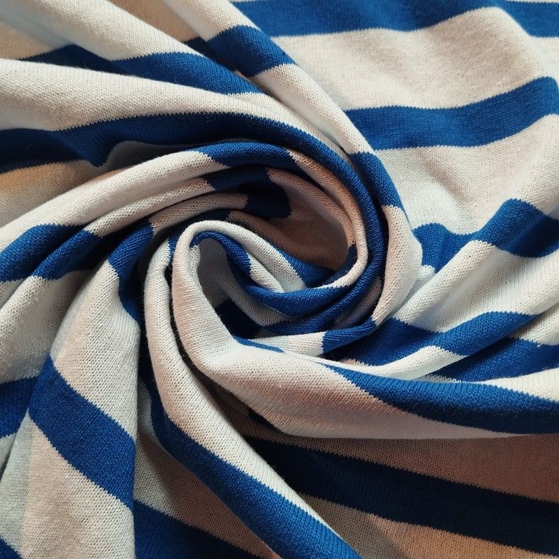 Tela Jersey de Rayas Azul de Francia y Blanco para vestidos. Ancho 165cm
