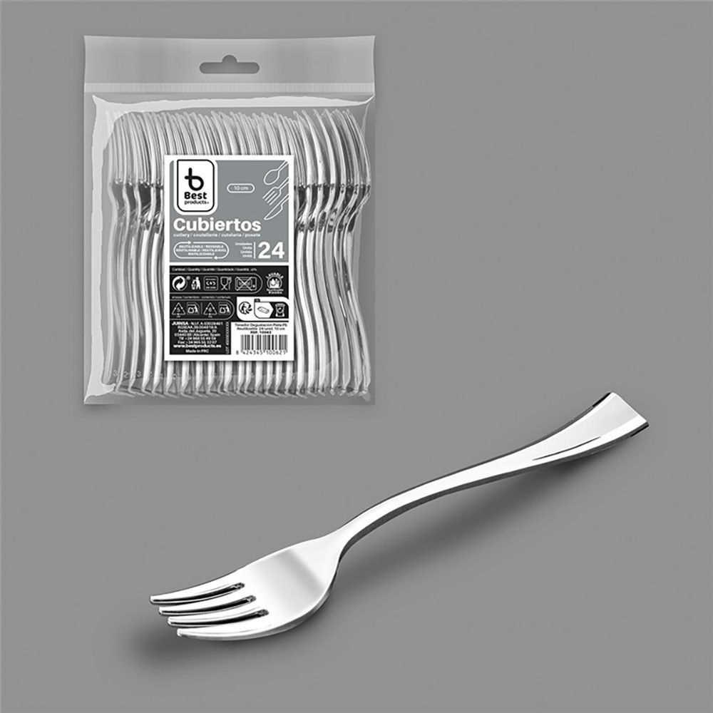 Tenedor Degustación Reutilizable 10 Cm, Plata. 24 Unidades