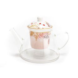 Tetera de vidrio y porcelana en multicolor, 27 x 20 x 17 cm